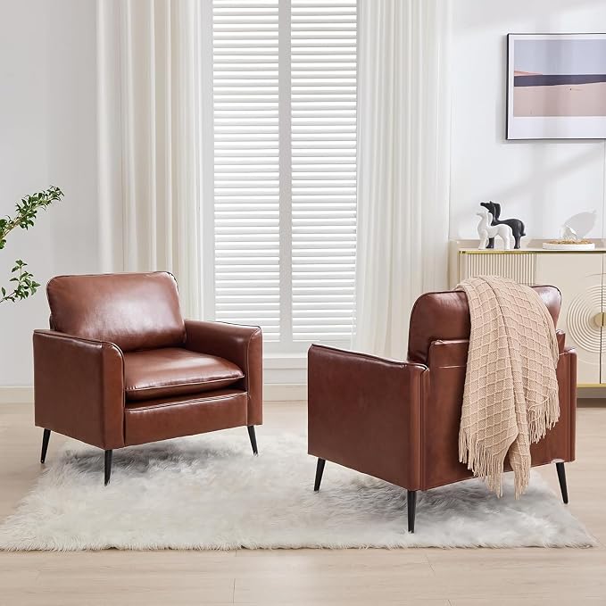 TYBOATLE Accent Chairs Set of 2, Comfy Faux Leather Living Room Chairs, Mid Century Modern Sofa Chairs, Cozy Reading Arm Chair, Armchairs for Bedroom, Office, Living Room (Brown)