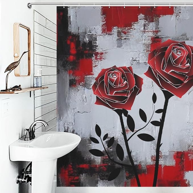 Red Rose Abstract Shower Curtain Nature Red Rose Floral Valentine's Day Artistic Waterproof Shower Curtains for Bathroom Decor 12 Pack Hooks 72x72in (183x183cm)