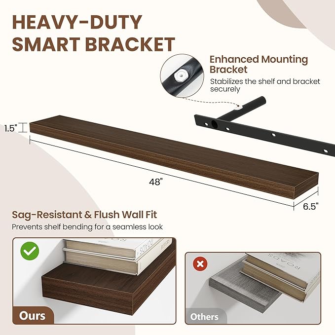 48 Inch Floating Shelves for Wall 1 Pack, 48" Wall Shelves for Books, Storage, Decor, Wall Mounted Floating Shelf with Invisible Brackets for Kitchen, Living Room, Walnut