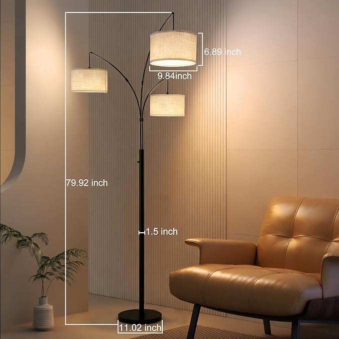 Dimmable Arc Floor Lamp, 3 Lights Floor Lamps for Living Room, 1500LM Rotary Switch Modern Tall Standing Lamp with Beige Shades & Heavy Base, Mid Century Tree Floor Lamp for Bedroom Office
