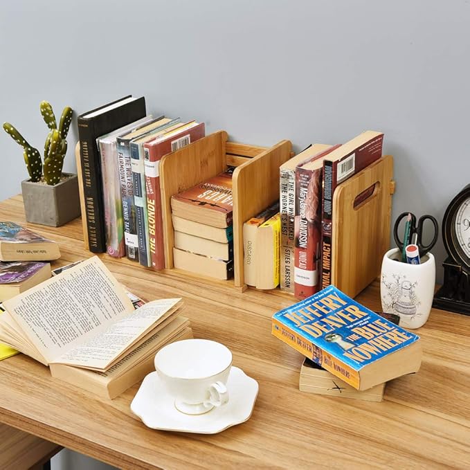 WELLAND Bamboo Desktop Bookshelf Small Book Rack Adjustable Desk Storage Organizer