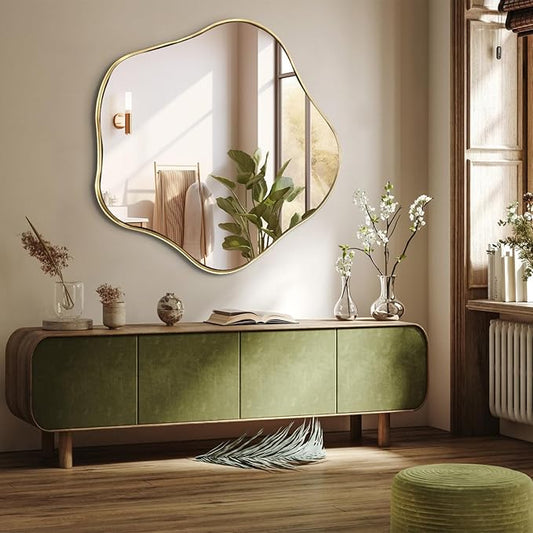 Gold Irregular Shaped Mirror, 35" Asymmetrical Mirrors for Wall, Large Scalloped Mirror Decorative, Modern Wavy Round Mirrors for Living Room Bathroom Bedroom Hallway Entryway Fireplace