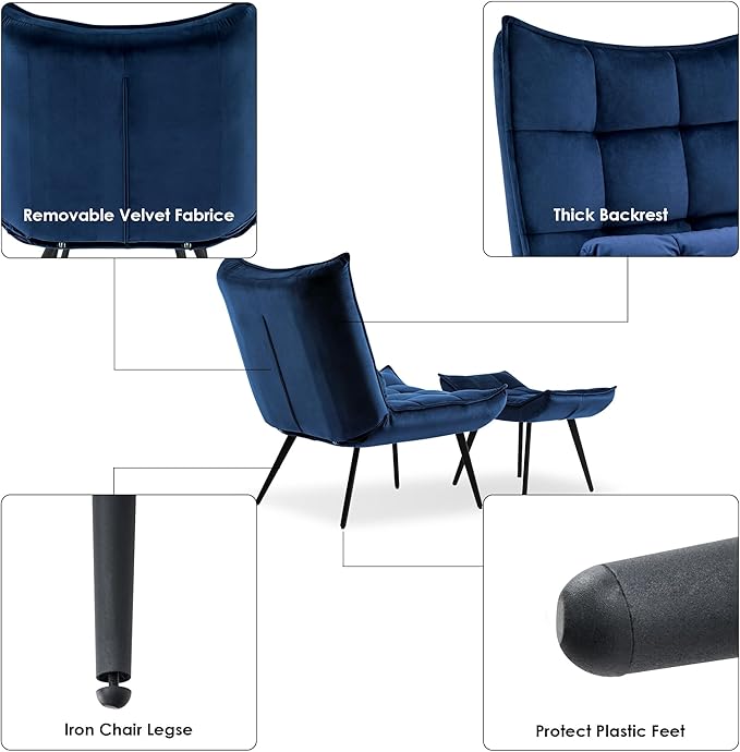 MCombo Accent Chair with Ottoman, Modern Velvet Wingback Lounge Chair, Upholstered Club Chair for Small Space, Living Room & Bedroom 4079 (2, Blue)