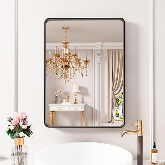 Black Bathroom Mirror 21X30 Inch, Black Metal Framed Mirror for Wall, Rounded Rectangle Matte Bathroom Vanity Mirror with Tempered Glass, Anti-Rust, Horizontal/Vertical