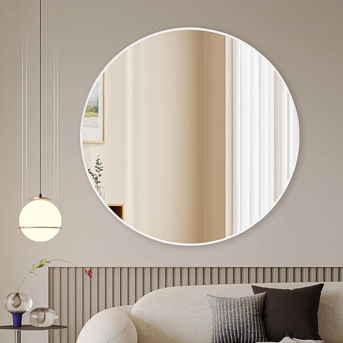 White Round Bathroom Mirror 30 Inch,White Wood Framed Circle Mirrors with Tempered Glass for Bedroom Living Room or Entryway Modern Wall Decor