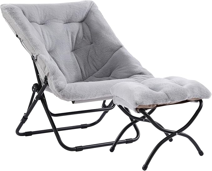 Furlide Saucer Chair with Ottoman, Oversized Foldable Faux Fur Chair, X-Large Soft Dorm Chair, Patio, Study, Playroom (Grey)