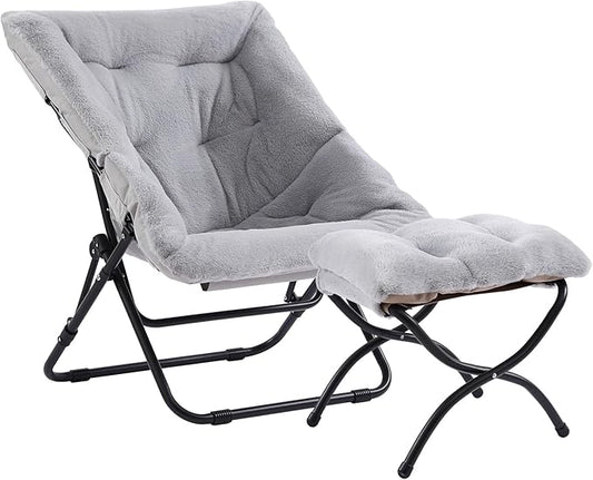 Furlide Saucer Chair with Ottoman, Oversized Foldable Faux Fur Chair, X-Large Soft Dorm Chair, Patio, Study, Playroom (Grey)