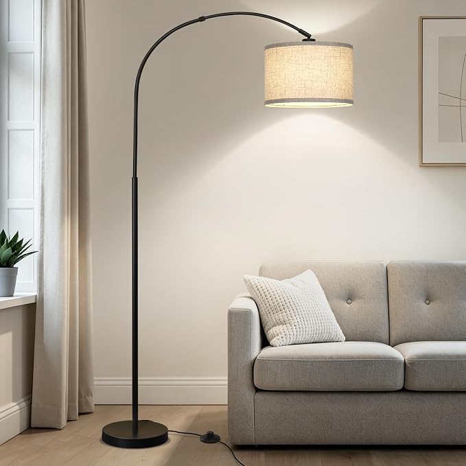 Seaside village Arc Floor Lamps for Living Room, Modern Standing Lamp with Adjustable Hanging Drum Shade, Tall Pole Lamp with Foot Switch, Over Couch Arched Reading Light for Bedroom, Office (Black)
