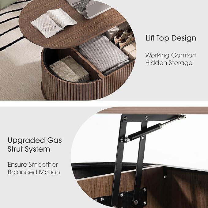 42.5" Oval Lift Top Coffee Table with Storage, Mid Century Modern Walnut Center Table with Fluted Design, Solid Wood Legs & Hidden Compartment, Pop Up Cocktail Table for Living Room