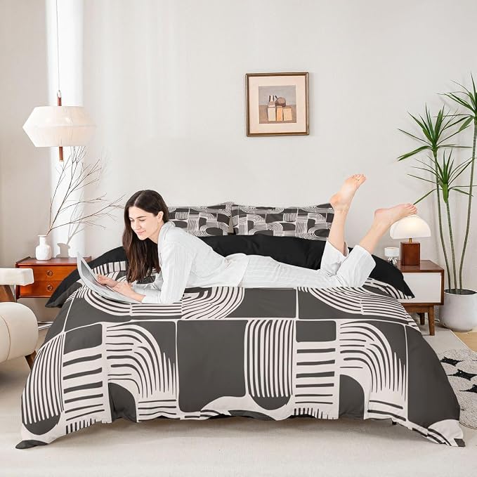 Erosebridal Brown and Beige Kids Twin Bedding Set Bohemian Geometric Comforter Cover for Boys Teens Adult Mid Century Abstract Duvet Cover 2-Piece Boho Stripes Minimalist Bed Sets Bedroom Decor