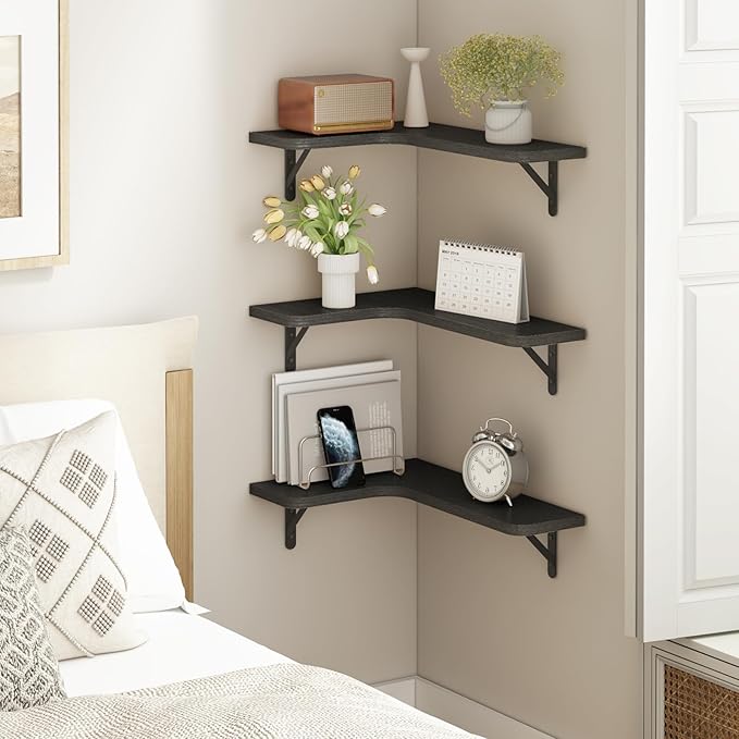 YGEOMER Corner Floating Shelves, Wall Mounted Corner Shelf for Bathroom, Kitchen, Bedroom, Home Decor, Laundry Room, Living Room(Set of 4 Black)