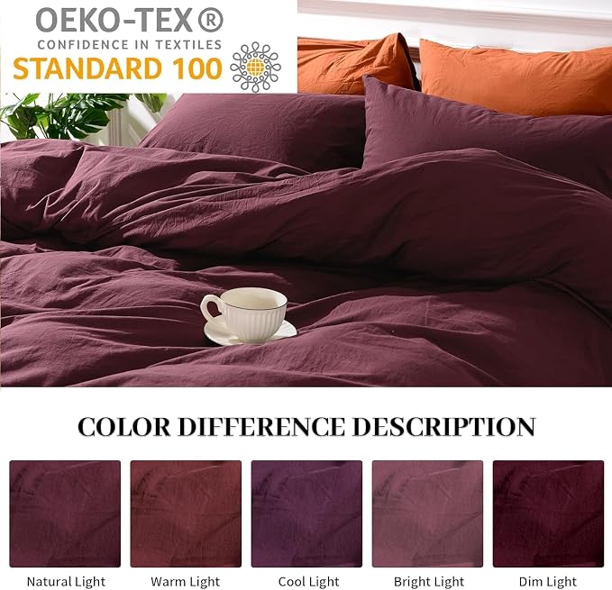 NEXHOME PRO Duvet Cover Set 100% Washed Cotton Super Queen, Linen Feel 3 PCs Home Bedding Set with Zipper Closure,Breathable, Organic Natural Duvet Cover 9098