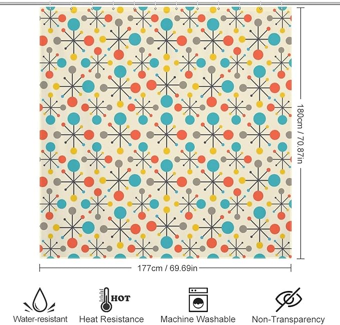 Mid Century Modern Shower Curtain,Atomic Retro Colourful Geometric Polka Dots Stripe Vintage 1950s Bathroom Curtain Polyester Waterproof Fabric Decor 72x72in（183x183cm）