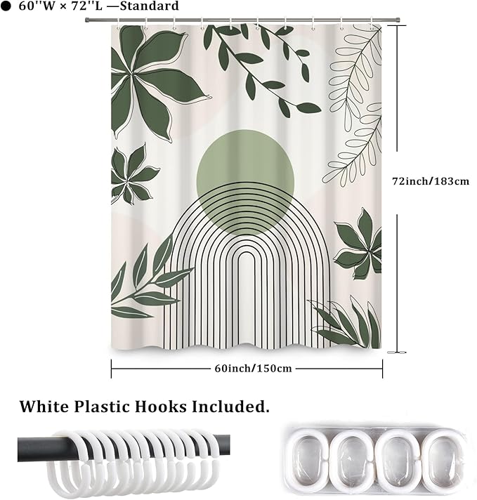 Boho Shower Curtain Modern Abstract Green Leaves Sun Bathroom Curtain Minimalist Geometric Arch Nature Fresh Decor Shower Curtain Waterproof Fabric with Hooks 60x72