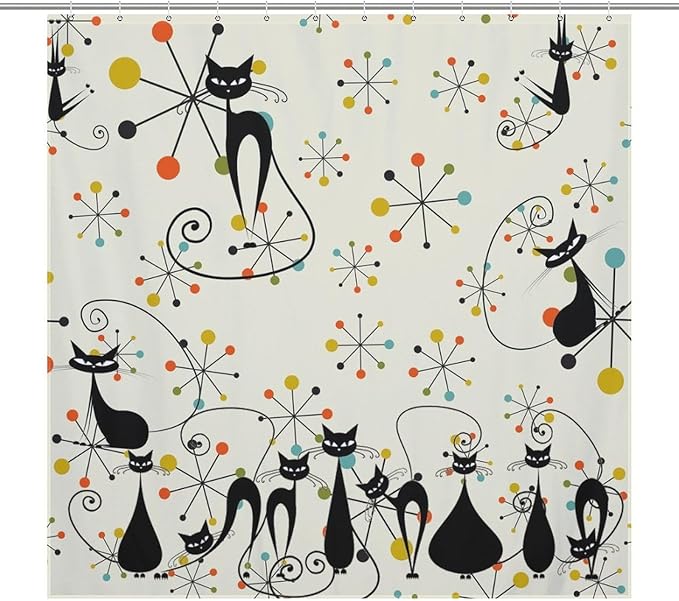 Mid Century Atomic Cat Shower Curtains, Atomic Abstract Geometric Cat Retro Pattern Waterproof Shower Curtains for Bathroom Decor 12 Pack Hooks 72x72in (183x183cm)