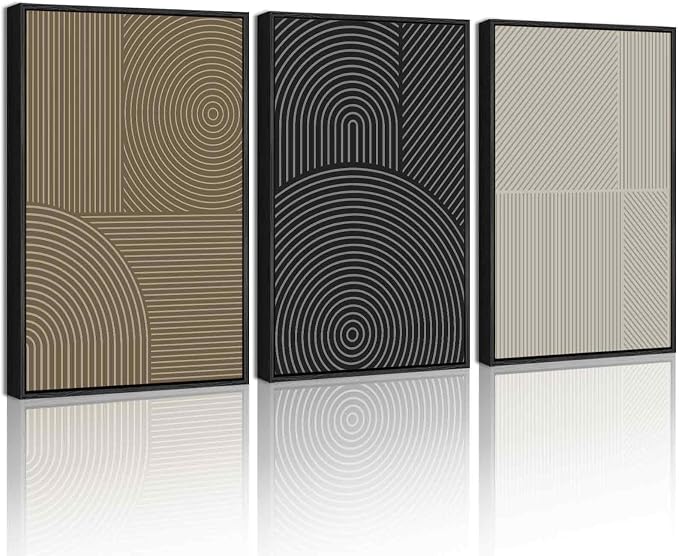 KUVIOKE Minimalist Abstract Boho Framed Wall Art Modern Mid-Century Bohemain Neutral Line Wall Decor Geometric Artwork Bedroom Decor 16x24in (Black Framed)