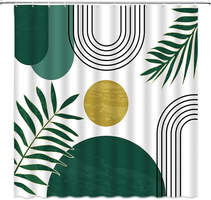 Mid Century Modern Shower Curtain Boho Green Abstract Retro Aesthetic Fabric for Bathroom Decor Bathtub with Hooks (70" WX74.8 H)