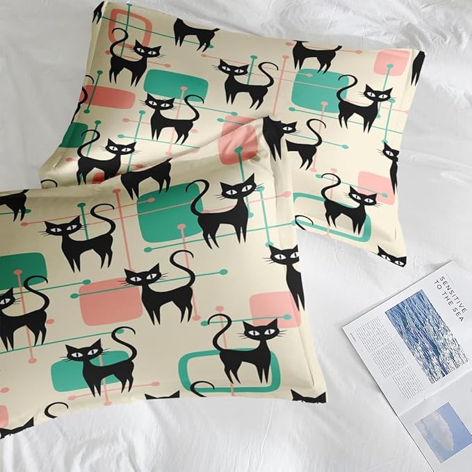 Mid Century Colorful Cat King Comforter Set, Atomic 50S Retro Bedding Set 3 Piece, All Season Soft Children Adults Bedroom Bed Decoration Comforter and 2 Pillow Shams