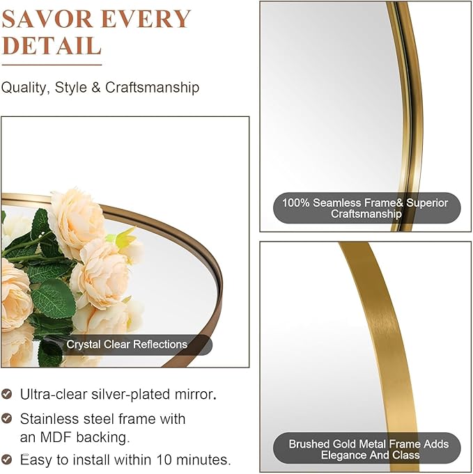 ANDY STAR Gold Round Mirror, Large Brushed Gold Round Bathroom Mirror, Brass Circle Mirror 32 inch, Modern Vanity Mirror in Stainless Steel Metal Frame for Home Decor, Entryway, Living Room