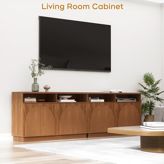 Yechen Walnut Fluted Sideboard Buffet Cabinet with Arched Reeded Design Doors, Mid Century Modern Credenza Storage Cabinet with Adjustable Shelves, for Living Room Kitchen Dinning Entryway/2 Pieces