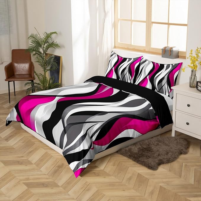 Pink Black Stripes Duvet Cover Set Twin Size,Modern Abstract Wave Striped Bedding Set,Girls Women Room Decor,Simple Geometric Artwork Chic Comforter Cover,Comfy Quilt Cover,1 Pillowcase(No Filler)