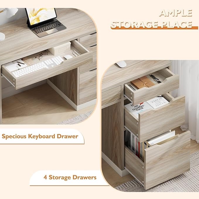 47" Computer Desk with Drawers, Small Home Office Desk with Storage, Wood Desk for Small Space, Office, Study, Walnut