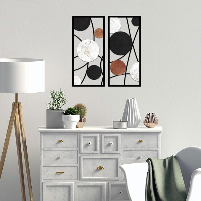 ruelen 2 Pieces Metal Wall Art，Abstract Geometric Circle Decor with Marble Texture, Modern Minimalist Black White Brown Wall Sculpture for Living Room，Bedroom，Office