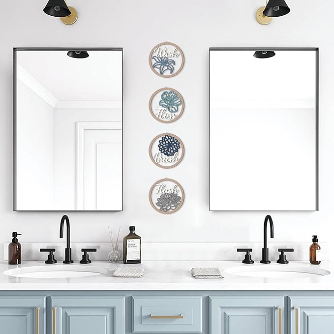 HPNIUB Farmhouse Bathroom Wall Decor, Blooming Floral Wall Art, 4 Pieces 10''x10'' Wash Brush Floss Flush Rustic Wood Plaque, Funny Bathroom Quote Wooden Sign for Home Spa Bathroom Laundry Washroom