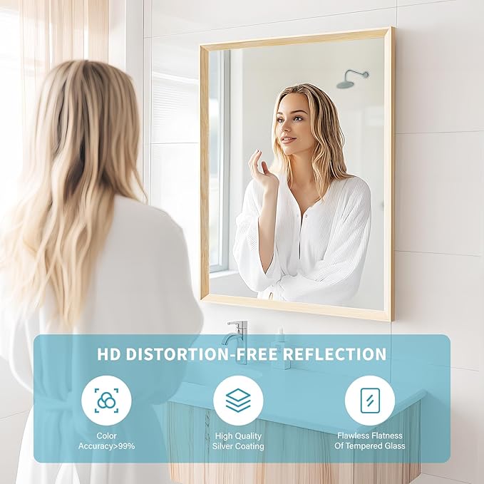 Oak Wood Effect Framed Wall Mirror, 36x40 Rectangle Mirror, Anti-desilvering Tempered Glass, Sustainable& Sturdy Frame, Anti-Rust, HD Reflection &3min Fast Setup for Bathroom Living Room