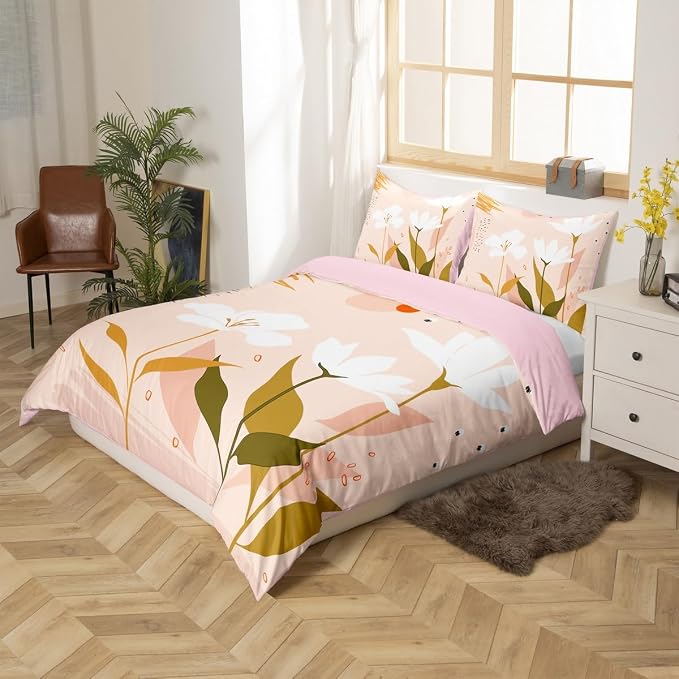Erosebridal Boho Minimalist Bedding Sets Full Hippie Abstract Art Comforter Cover, Botanical Plants Bed Set White Flower Floral Duvet Cover Modern Mid Century Quilt Cover Girly Pink Room Decor