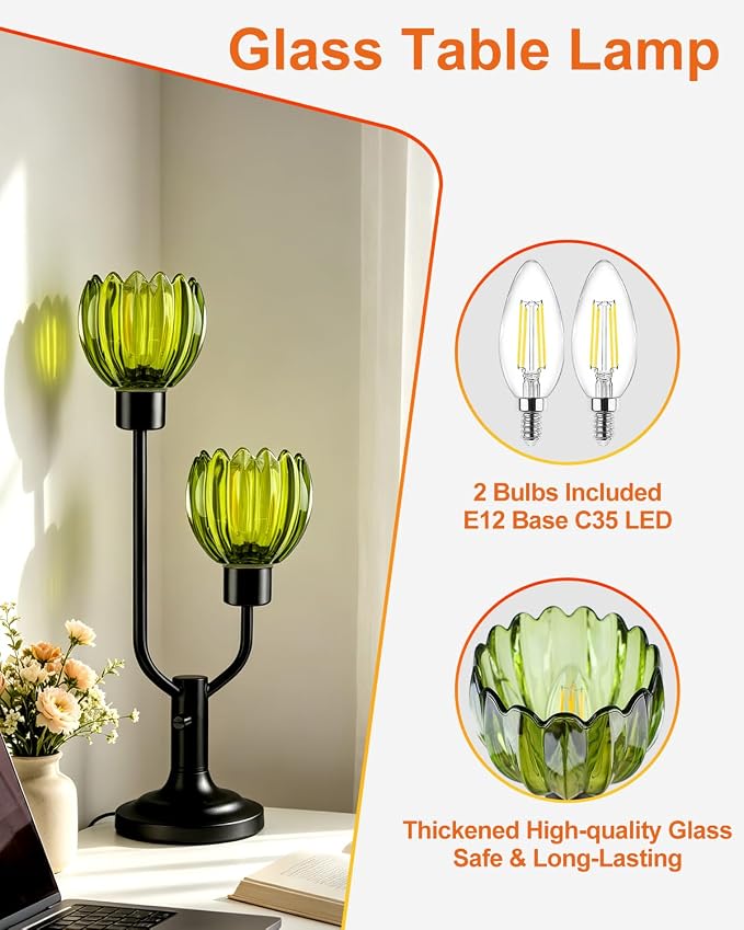 Lightdot Green Glass Flower Table Lamp for Living Room Dimmable Nightstand Lamp Mid Century Modern Vintage Black Desk Lamp 2 Bulbs Included Warmwhite Ambient Bedside Lamp for Bedroom Home Office Decor