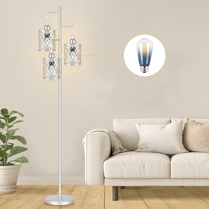 68" Farmhouse Floor lamp, Dimmable Industrial Floor Lamps for Living Room, 3 Light Rustic Standing Tall Lamp Including 3 PCS 6W Edison Bulbs, Tree Floor Lamp for Bedrooms Room, Office, Bar, Silver