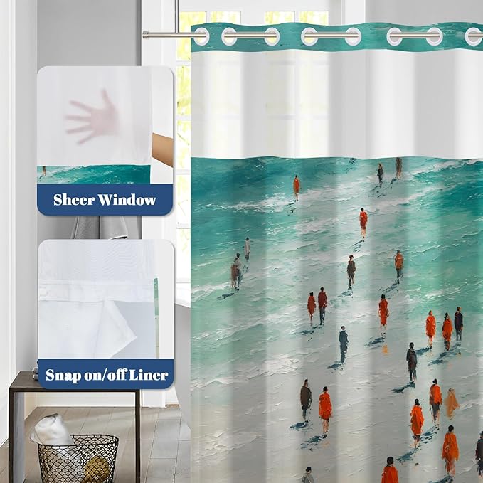 No Hook Shower Curtain with Snap in Liner, Beach Scene Abstract Coastal Art Print, Waterproof Fabric Bath Curtain with See Through Top, Modern Ocean Vibe Bathroom Decor, 71W x 74H