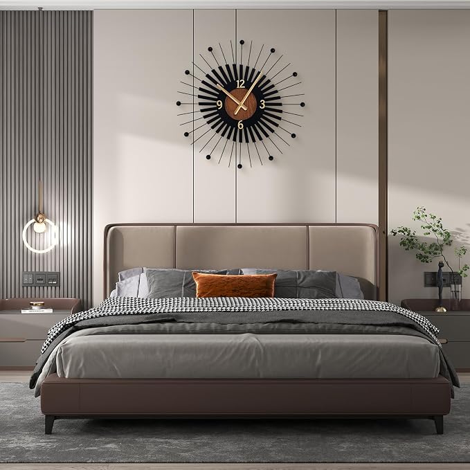22 Inch Modern Sunburst Wall Clock Battery Operated, Black Metal Radiating Design with Walnut Wood Center, Silent Quartz Movement, Gold Hands – Decorative Clocks for Living Room, Office, Bedroom