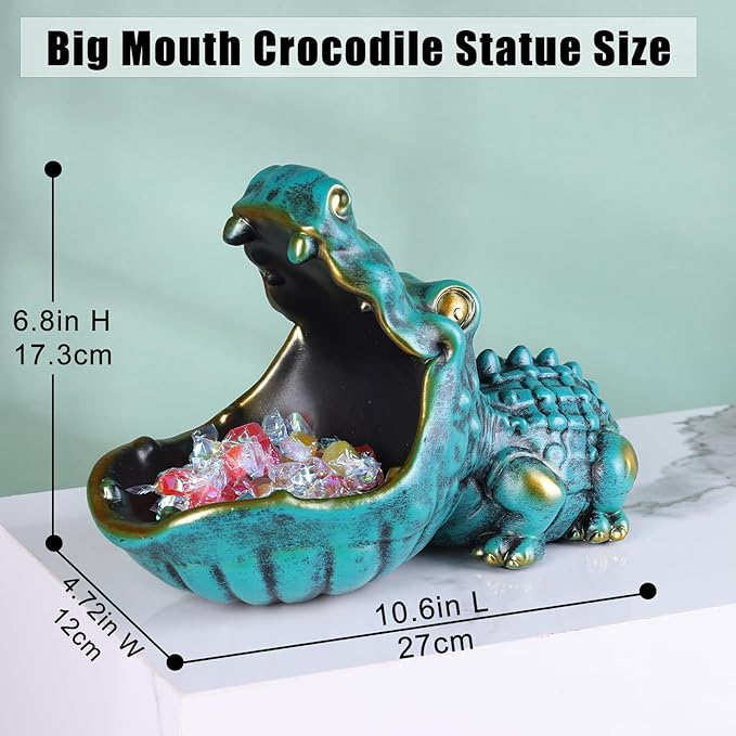 Alligator Statue Key Bowl, Fun Animal Statue Candy Dish for Entryway Decorative Bowl, Office Candy Dish, Big Mouth Sculpture Home Living Room Trinket Container Storage Box (Green)