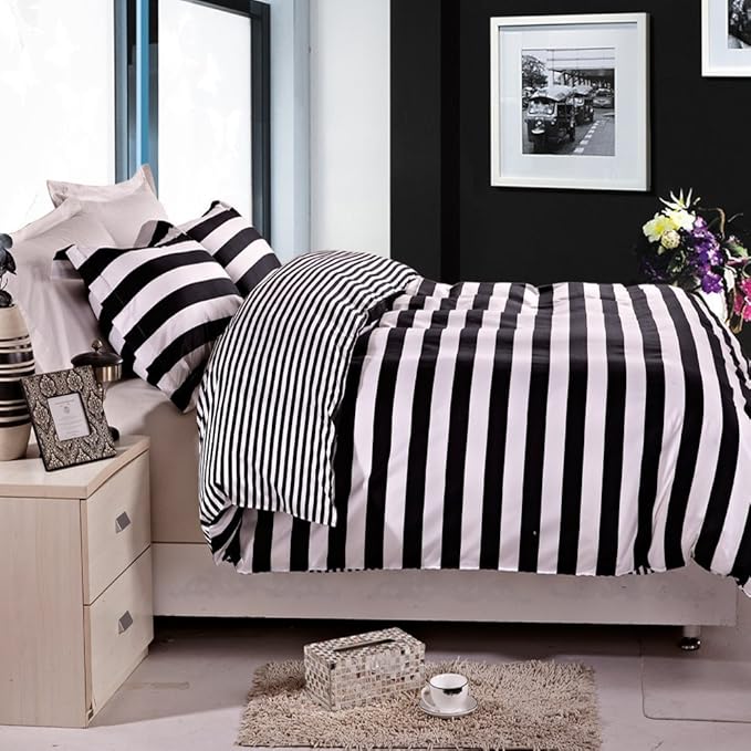 NTBAY 3 Pieces Duvet Cover Set Queen Size, Reversible Zipper Comforter Cover with 4 Corner Ties and 2 Pillow Shams, Soft Brushed Microfiber Comforter Cover Set with Black and White Striped Printed