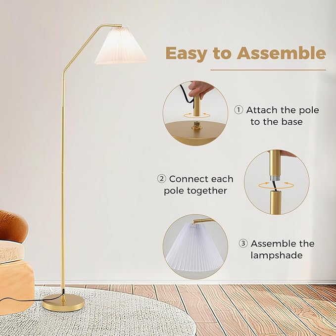 Tangkula Arc Floor Lamp, Modern 66”H Tall Standing Lamp with Adjustable Lamp Head, Pleated Lampshade & Foot Switch, Tall Reading Lamp for Living Room, Bedroom & Office (White, 66" H)
