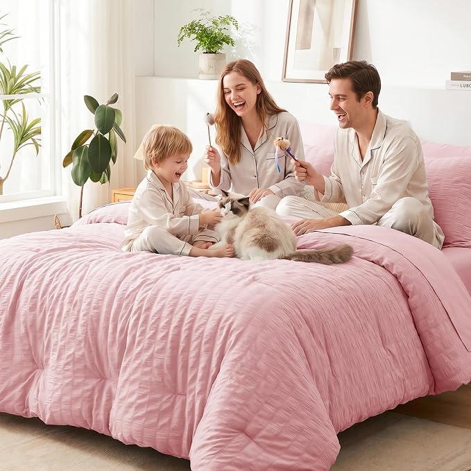 CozyLux King Size Comforter Set Pink, 7 Pieces Seersucker Textured Luxury Bed in a Bag, All Seasons Soft Bedding Sets with Down Alternative Comforter, Sheets, Pillowcases & Shams, Home Gift