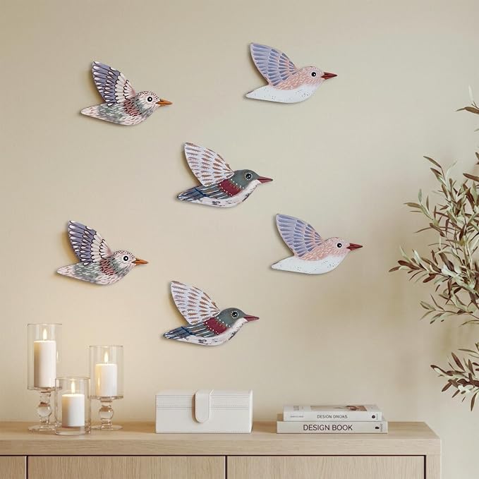 ARTINRENAISS Wooden Flying Birds Wall Decor, Scandinavian Rustic Wall Art Set Housewarming Gifts, 6 Pack Boho Birds Hanging Sign for Living Room, Bedroom, Kitchen