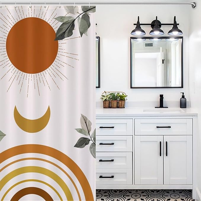 Boho Mid Century Shower Curtain,Green Nature Leaf Sun Modern Minimalist Bathroom Curtain Polyester Waterproof Fabric Decor 66x72in（168x183cm）