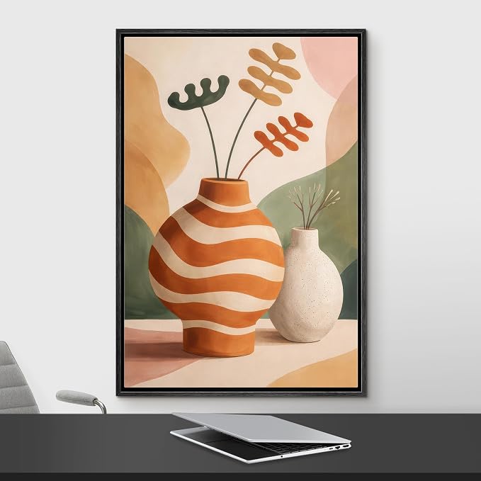 Woodrose Framed Canvas Print Wall Art Mid Century Modern Vase Still Life Illustrations Modern Art Minimalist 3D Colorful Ultra for Living Room, Bedroom, Office - 16"x24" BLACK