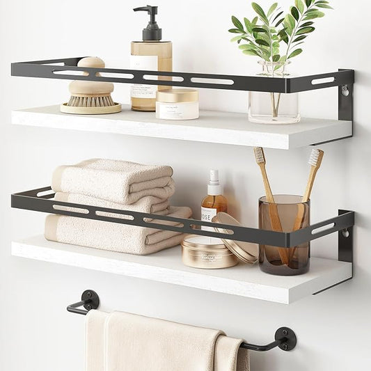 YGEOMER Floating Shelves for Bathroom Organizer Over Toilet, Wall Mounted Bathroom Shelves with Towel Bar, Wall Shelf for Bedroom Kitchen Living Room Storage (White-Black)