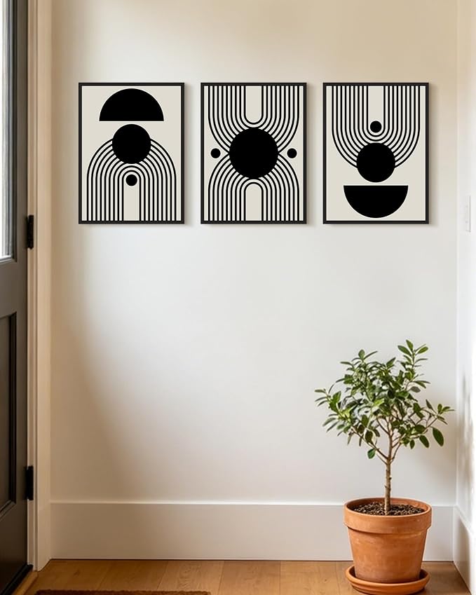 KUVIOKE Black Abstract Framed Wall Art Minimalist Geometry Lines Painting Artwork for Living Room Bedroom 12x16in (Black Framed)