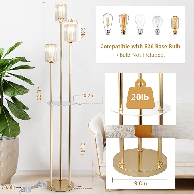 HMVPL Gold Floor Lamps for Living Room, Modern Floor Lamp with Shelves, Crystal Standing Lamps with Table, Brass Tall Lamp with Crystal Shade, On/Off Switch, Mid Century Corner Floor Lamp for Bedroom