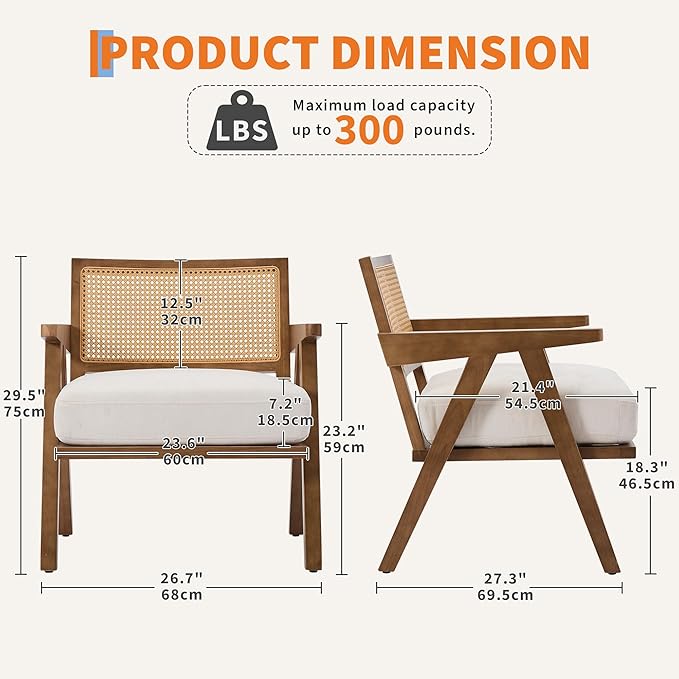 Accent Chair Mid Century Modern, Comfy Living Room Chairs with Sturdy Wood Legs, Rattan Backrest & Beige Thick Linen Cushion, Armchair for Bedroom Balcony Apartment, Beige