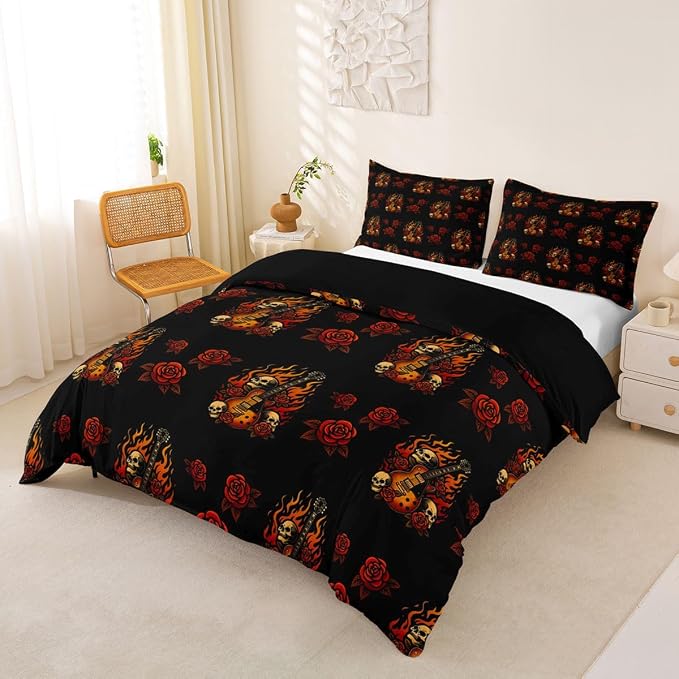 Erosebridal Guitar Rose Bedding Set Queen for Adults Women - Cool Skeleton Flame Duvet Cover Punk Rock Music Comforter Cover,Floral Gothic Skull Print Bed Set