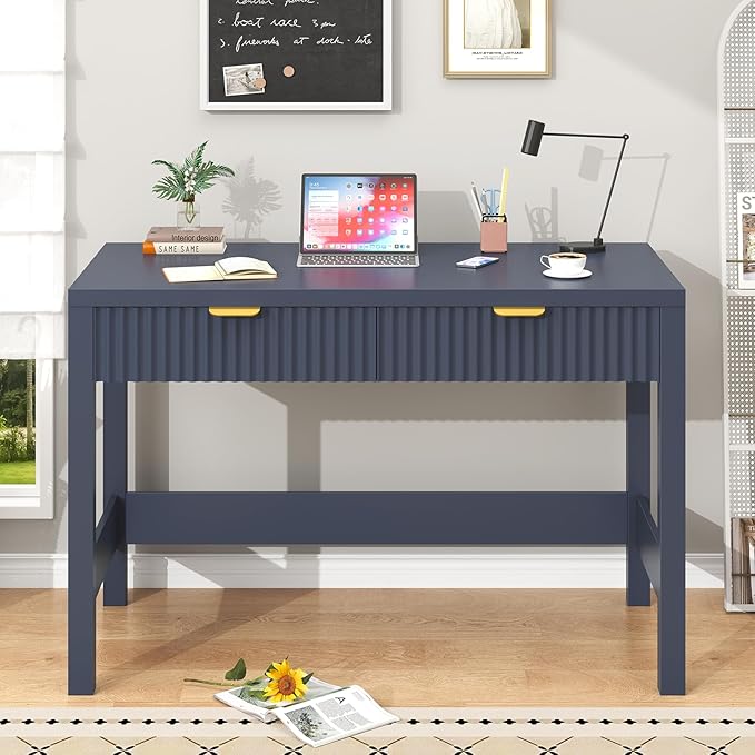 YOMILUVE Fluted Computer Desk with 2 Drawers, 39 Inch Small Computer Desk with Storage, Compact Writing Study Desk for Small Spaces, Blue