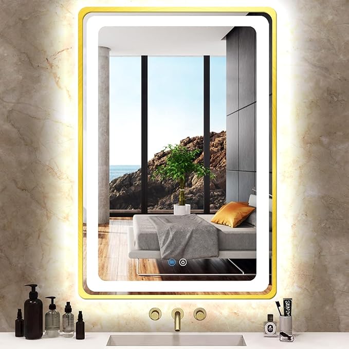 20 x 30 Inch Gold Vanity Mirror with Lights Gold Frame Lighted mirror for Bathroom Horizontal/Vertical Wall Mounted Tabletop LED Makeup Mirror with Light Smart Memory 3 Color Dimmable AntiFog