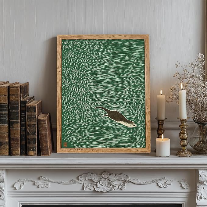 Framed Japanese Otter Swimming Poster Funny Nature Wild Animal Pictures Retro Minimal Green Water Canvas Wall Art for Living Room Bedroom Bathroom 20x30 inch