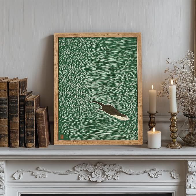 Framed Japanese Otter Swimming Poster Funny Nature Wild Animal Pictures Retro Minimal Green Water Canvas Wall Art for Living Room Bedroom Bathroom 12x16 inch